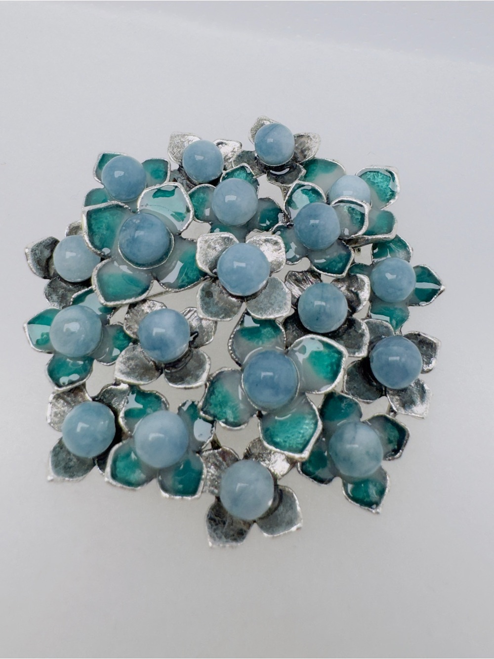 Silver Floral Cluster Brooch with Aqua Blue Cabochons